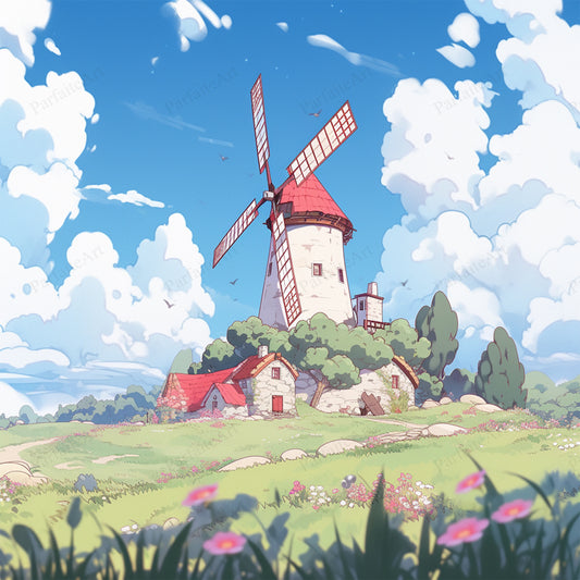 Cartoon Style Windmill Painting, Landscape | Wall Art Decor |Wall Art Print |Kids Wall Art,Comic Book Art,Art Deco Wall Gifts|Bedroom,kids' room|PRINTABLE Art |Digital Download