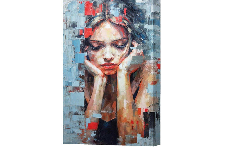 Woman Portrait，Hand Painted Colorful Decorative Canvas Artwork，Moody Wall Decor，Cotton Gloss Canvas Living Room Decor，High-Quality Waterproof Decorative Canvas Art