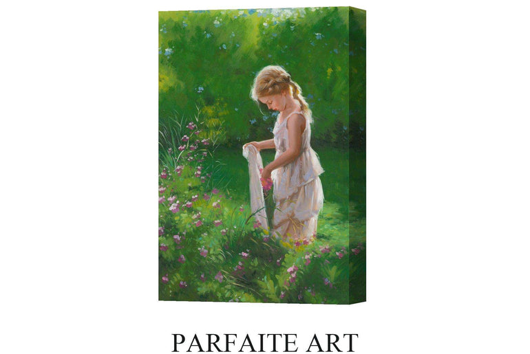 Realism Paintings, Little Girls with Flowers,Framed Canvas Prints #122 NO Frame