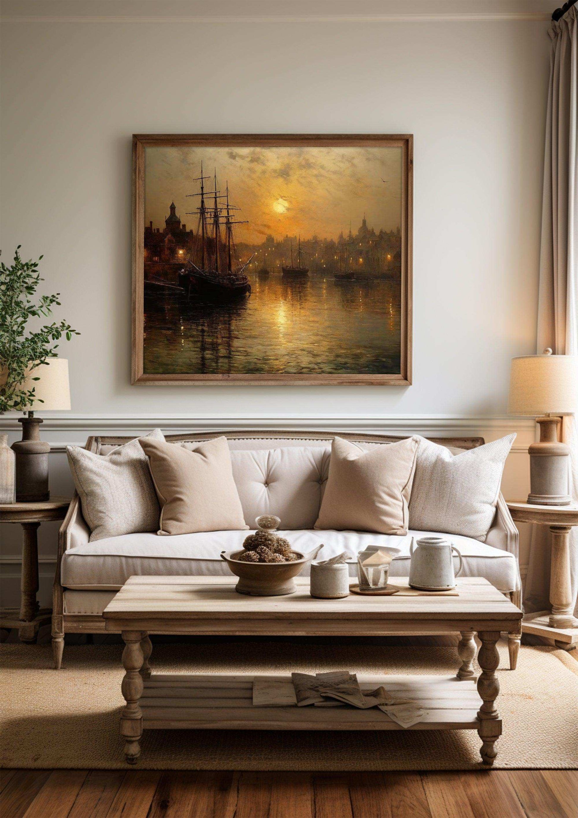 Harbor Sunset Landscape| Vintage Wall Art Decor|Decorative painting| Wall Art Canvas Print |Living Room, Dining Room|PRINTABLE Art |Digital Download