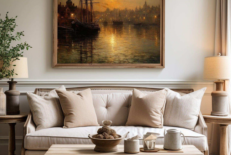 Harbor Sunset Landscape| Vintage Wall Art Decor|Decorative painting| Wall Art Canvas Print |Living Room, Dining Room|PRINTABLE Art |Digital Download