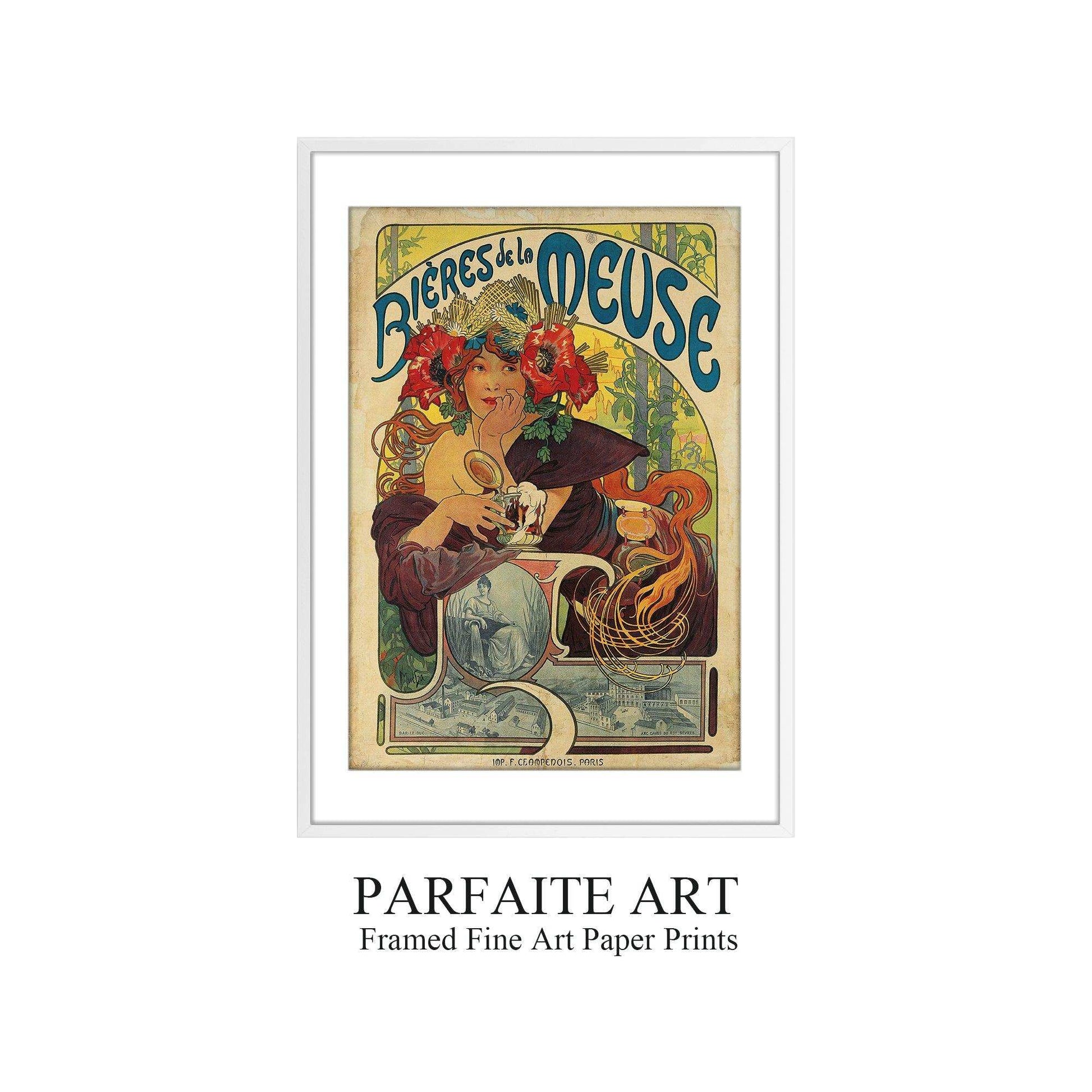 Framed fine art prints,Vintage Wall Art Print,Moody Wall Decor,Large art prints for walls,Mucha artwork,High-Quality Professional Giclee technique white Frame