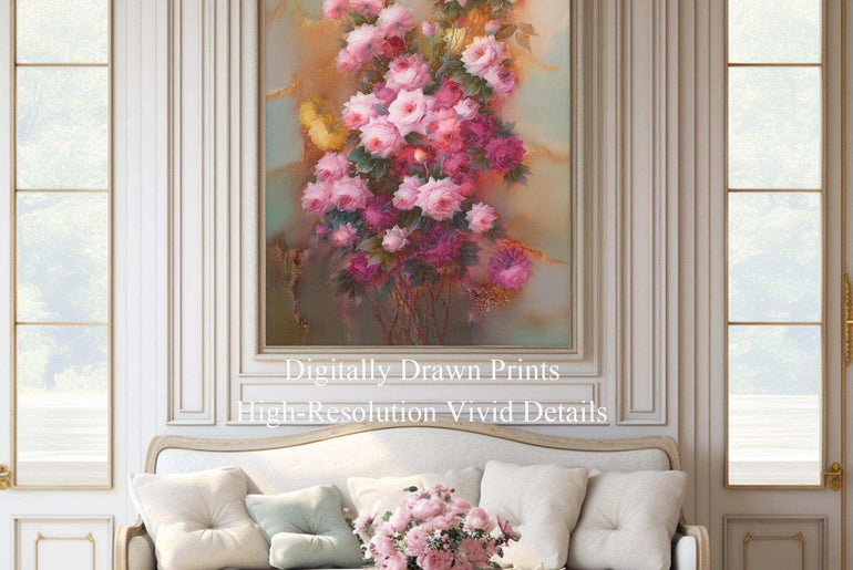 Wall Art, Realistic Oil Painting of Roses, Framed Canvas Print #120