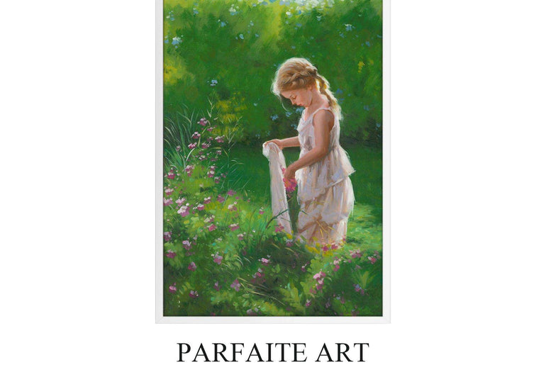 Realism Paintings, Little Girls with Flowers,Framed Canvas Prints #122 white Frame