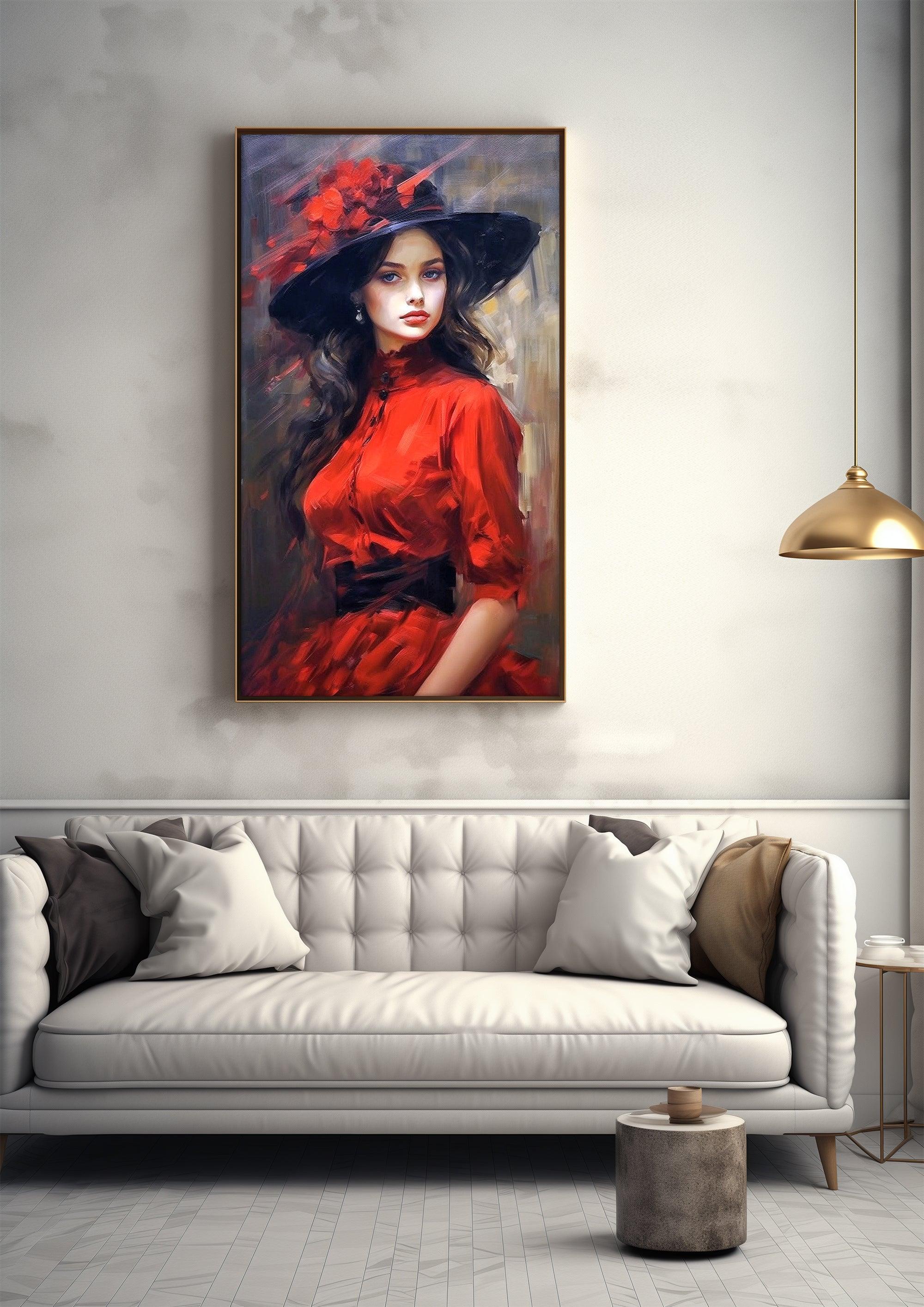Hand-Painted Beauty Woman Portrait Printable - Colorful and Moody Canvas Art for Living Room Elegance