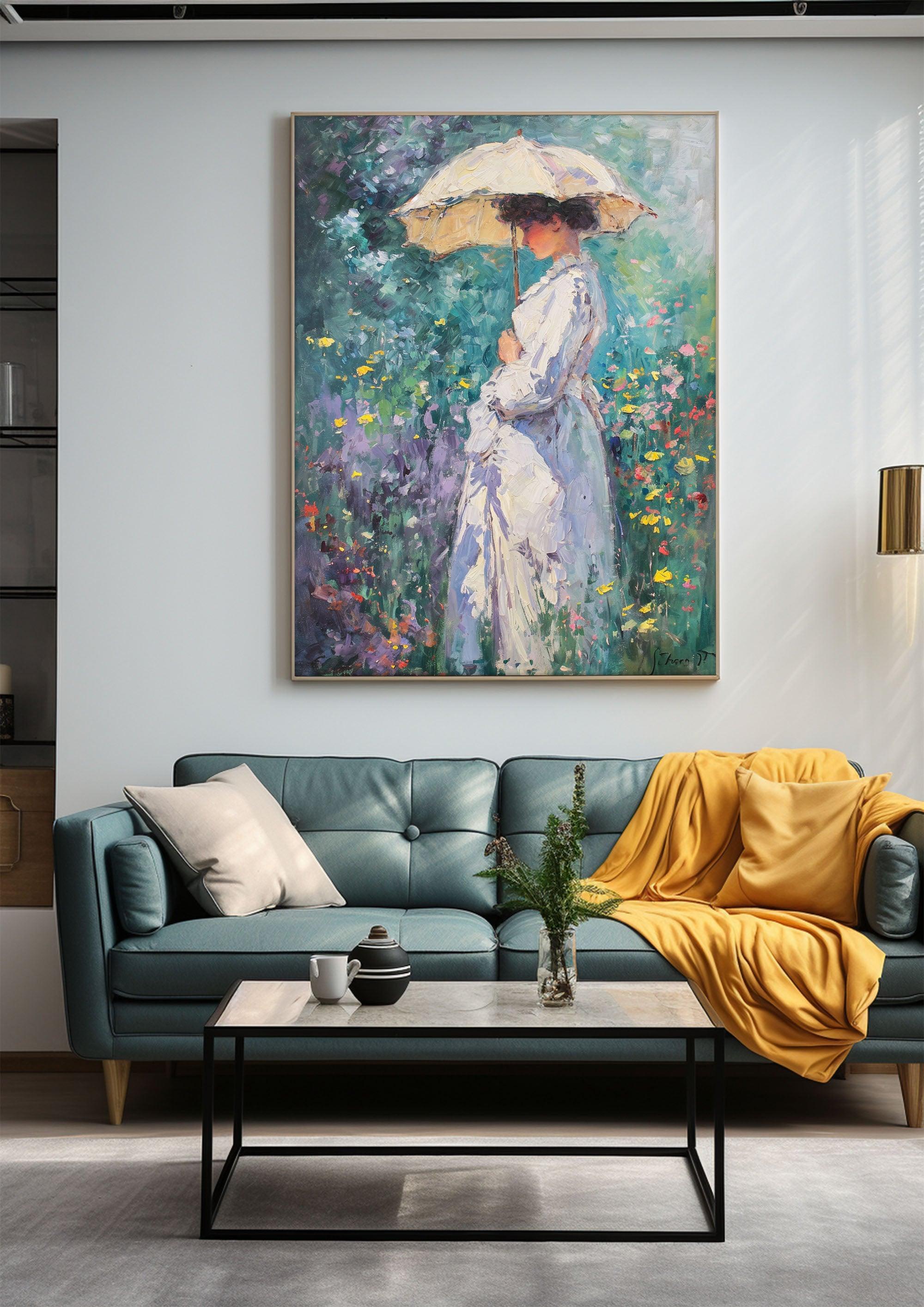 Impressionist Woman，Hand Painted Colorful Decorative Canvas Artwork，Moody Wall Decor，Cotton Gloss Canvas Living Room Decor，High-Quality Waterproof Decorative Canvas Art