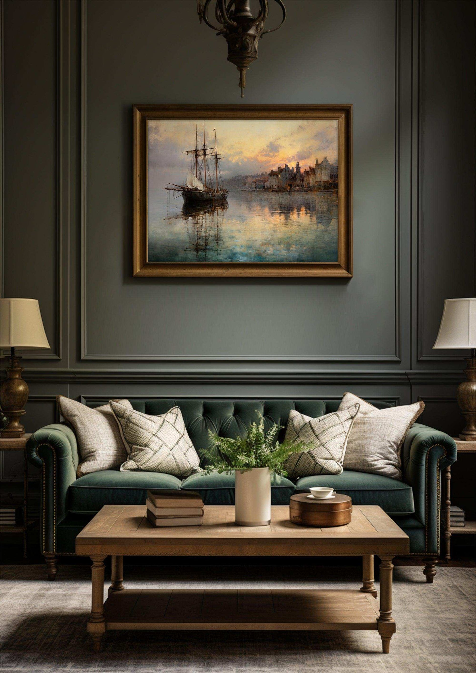 Harbor Sunset Landscape| Vintage Wall Art Decor|Decorative painting| Wall Art Canvas Print |Living Room, Dining Room|PRINTABLE Art |Digital Download