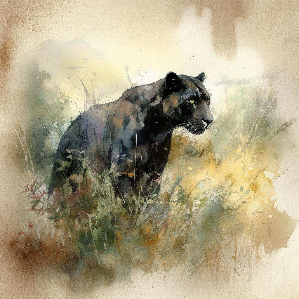 A Black Panther Prowl - Vintage Watercolor Wall Art Print - Handcrafted Home Decor with Digital Download Option