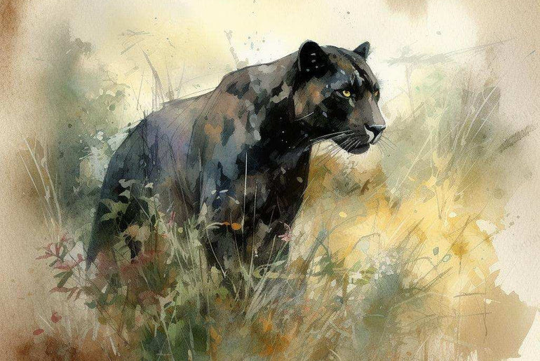 A Black Panther Prowl - Vintage Watercolor Wall Art Print - Handcrafted Home Decor with Digital Download Option