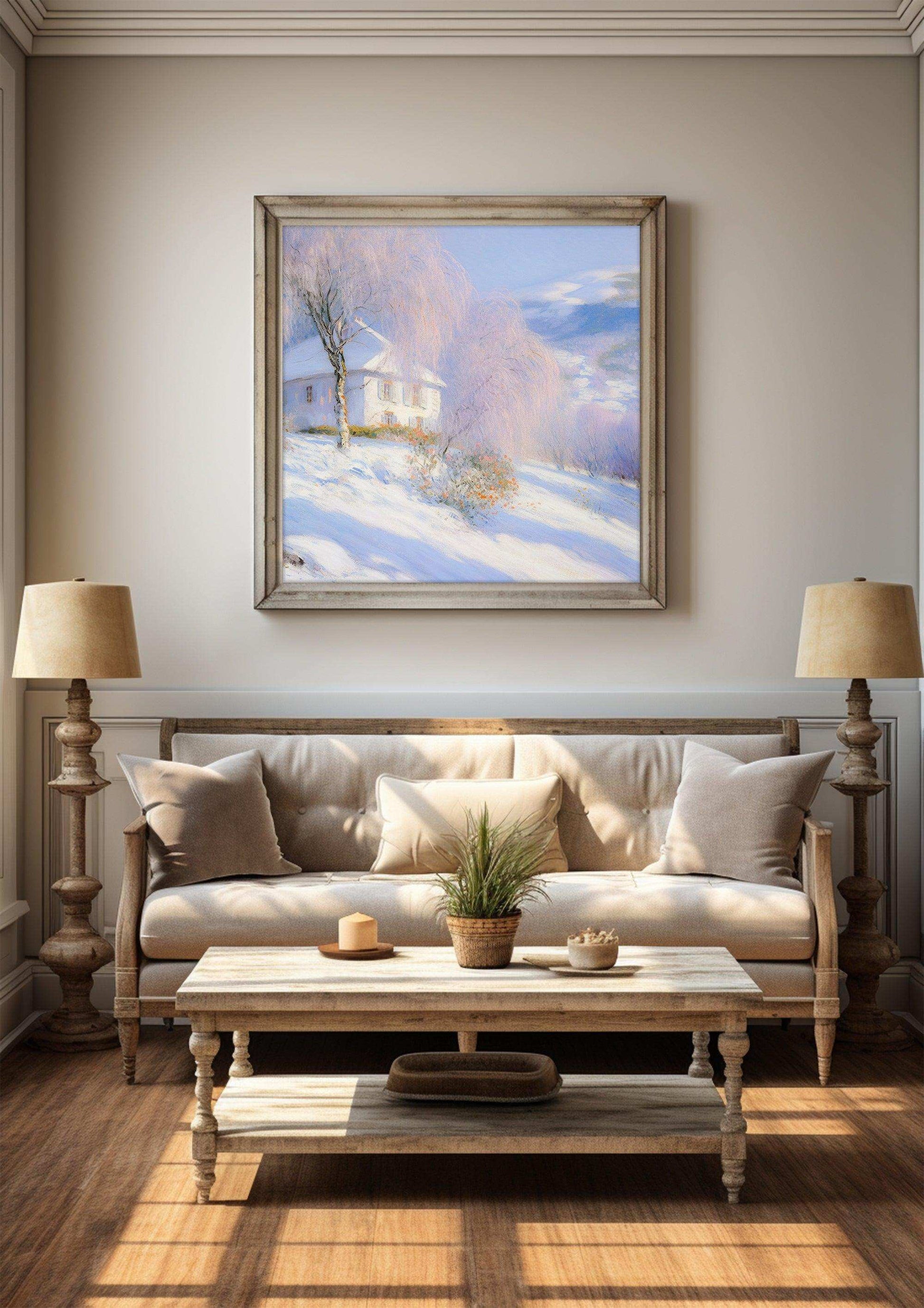 Impressionist Landscape，Hand Painted Colorful Decorative Canvas Artwork，Moody Wall Decor，Cotton Gloss Canvas Living Room Decor，Snow Scene，High-Quality Waterproof Decorative Canvas Art