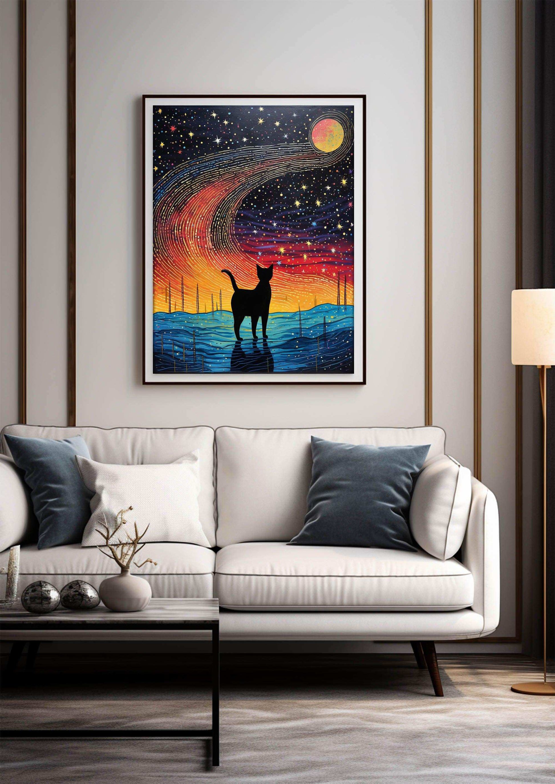 Cat Illustration | Starry Sky Wall Art Decor |Wall Art Print |Van Gogh style|Bedroom Livingroom,Kidsroom|PRINTABLE Art |Digital Download