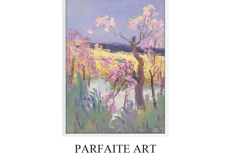 Landscapes,Impressionist,Abstract Art,Framed Canvas Print #119 white Frame