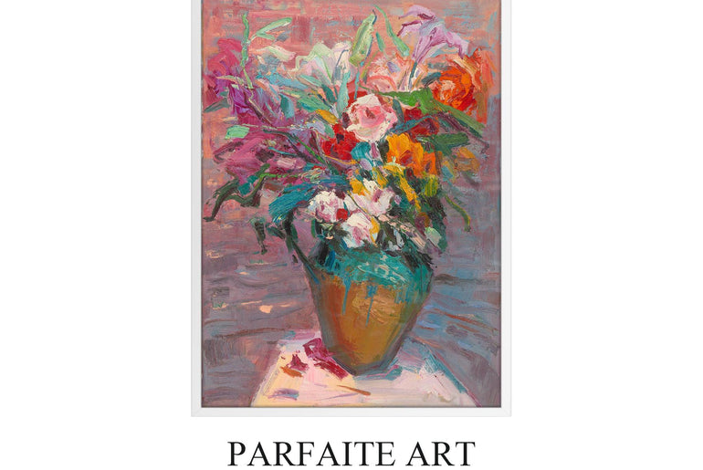 Decorative Wall Art Prints,Impressionist Art Style Floral Plants,Framed Canvas Print #116 white Frame