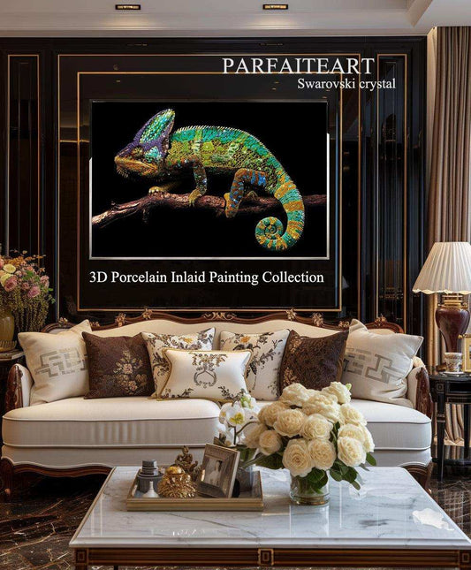 3D Diamond painting，Handmade painting，Wall Art, Art nouveau fashion，Art deco for walls ，Swarovski Crystal， Crystal glass，3d painting Chameleon，Modern art deco living room