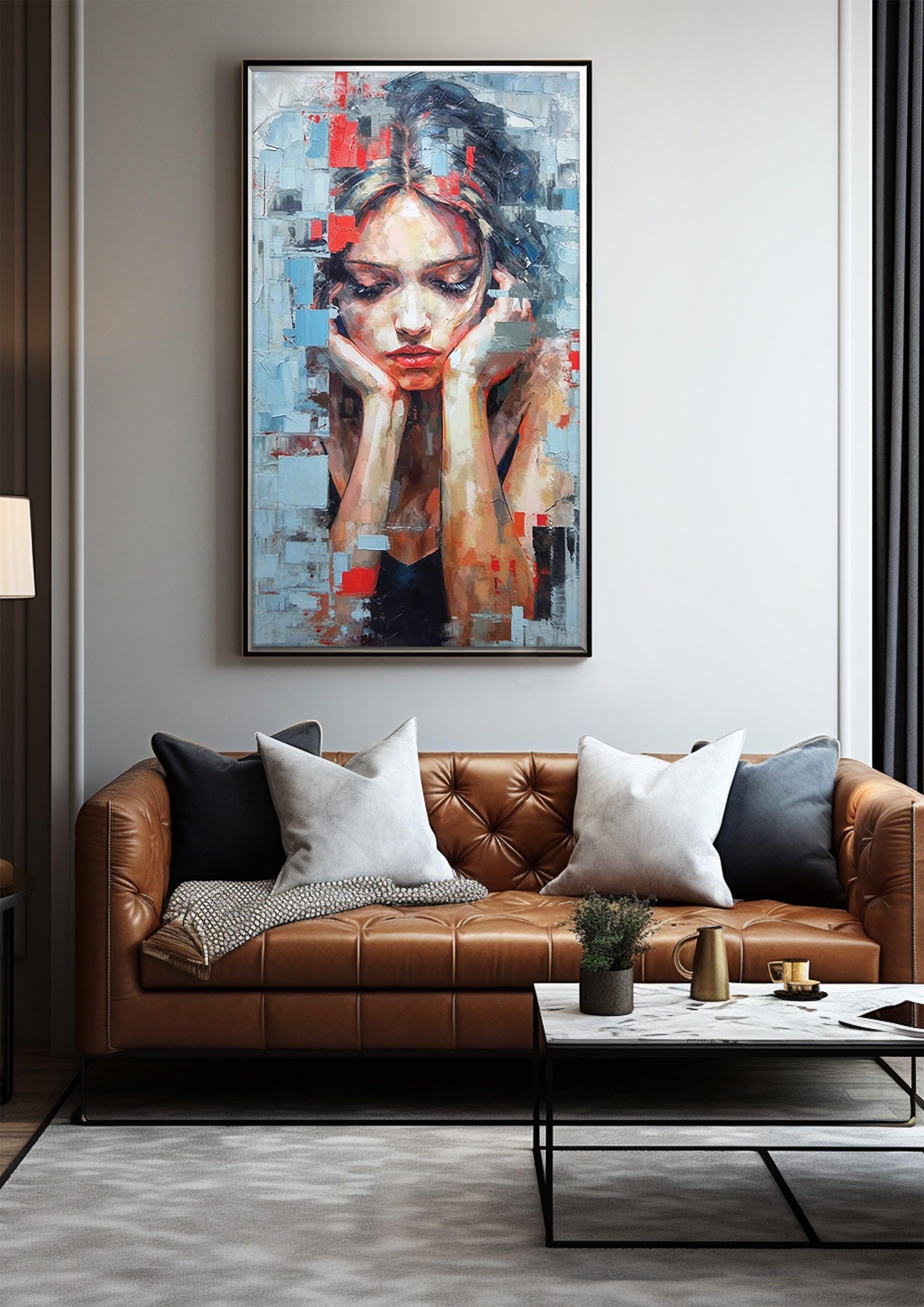 Woman Portrait，Hand Painted Colorful Decorative Canvas Artwork，Moody Wall Decor，Cotton Gloss Canvas Living Room Decor，High-Quality Waterproof Decorative Canvas Art