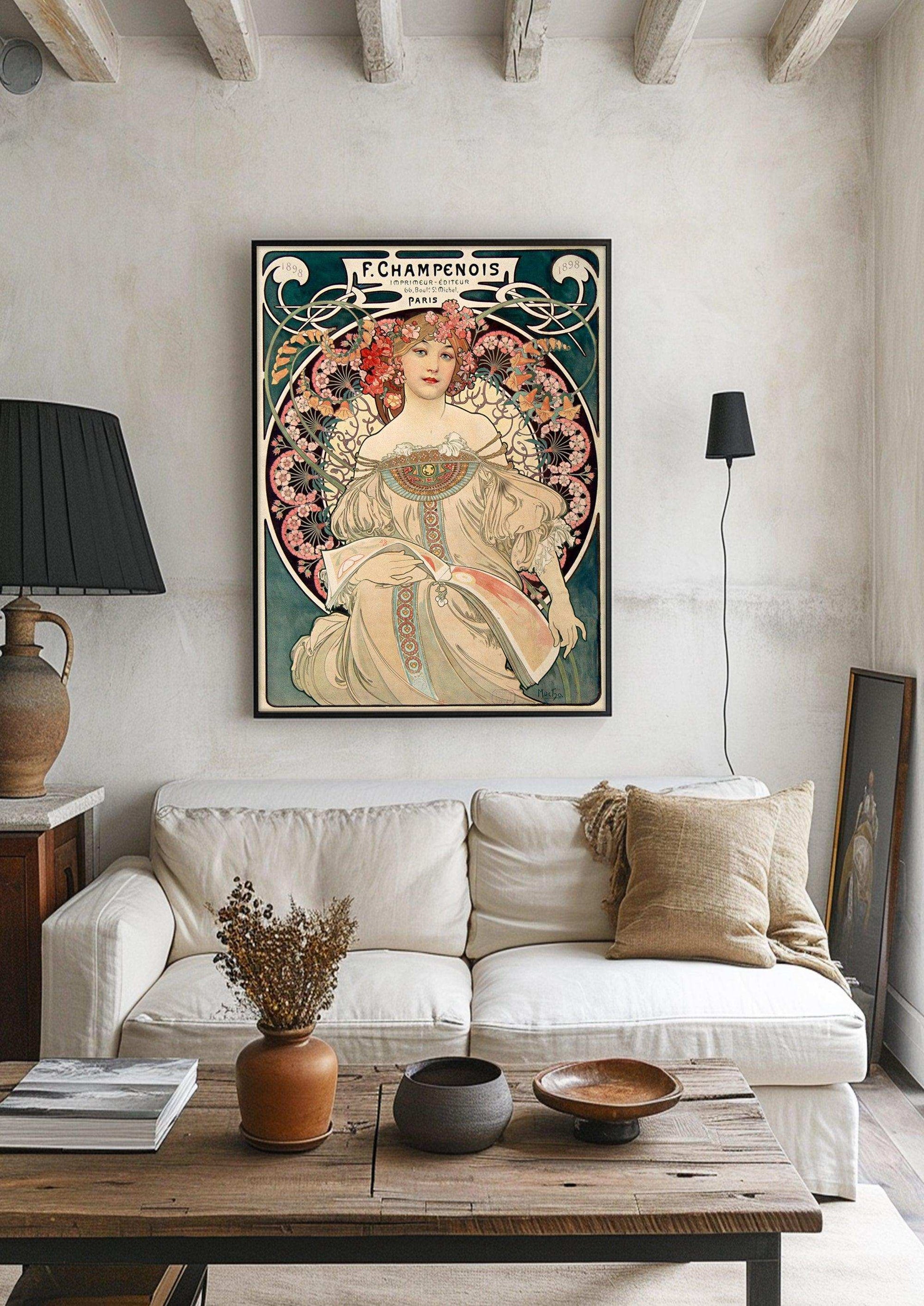 Framed fine art prints,Vintage Wall Art Print,Moody Wall Decor,Large art prints for walls,Mucha artwork,High-Quality Professional Giclee technique