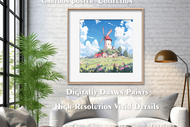 Cartoon Style Windmill Painting, Landscape | Wall Art Decor |Wall Art Print |Kids Wall Art，Comic Book Art，Art Deco Wall Gifts|Bedroom,kids' room|PRINTABLE Art |Digital Download