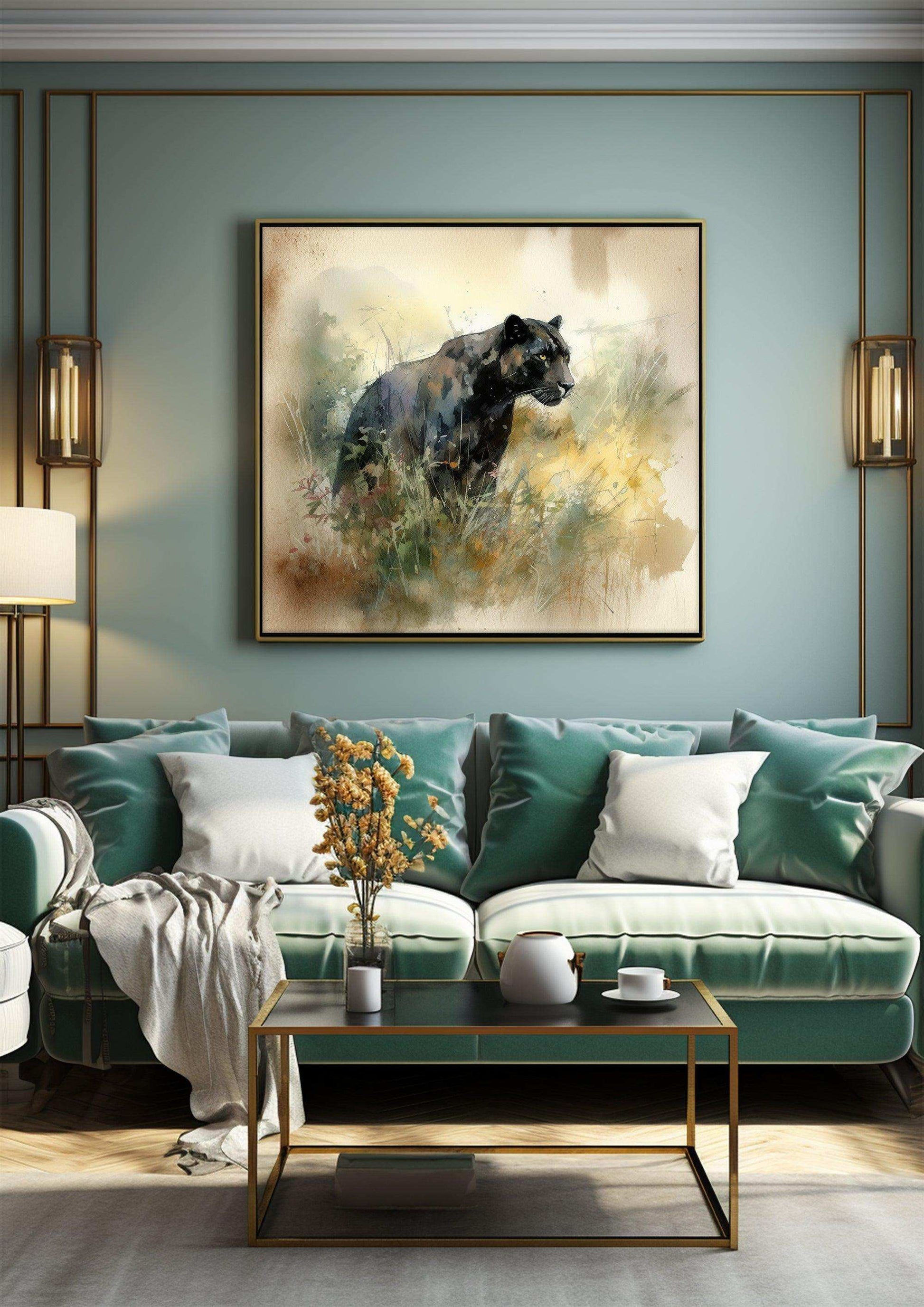 A Black Panther Prowl - Vintage Watercolor Wall Art Print - Handcrafted Home Decor with Digital Download Option