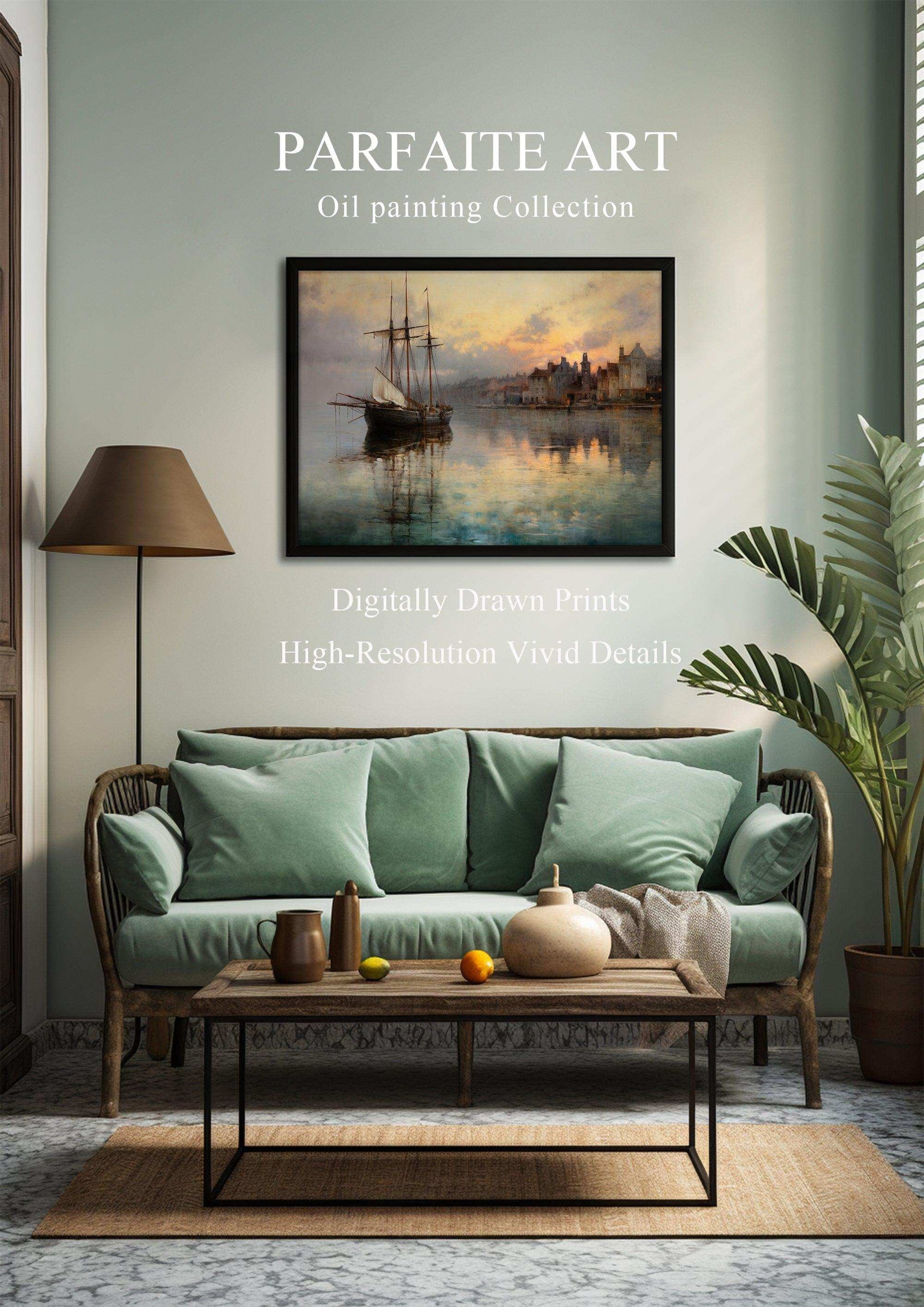 Harbor Sunset Landscape| Vintage Wall Art Decor|Decorative painting| Wall Art Canvas Print |Living Room, Dining Room|PRINTABLE Art |Digital Download