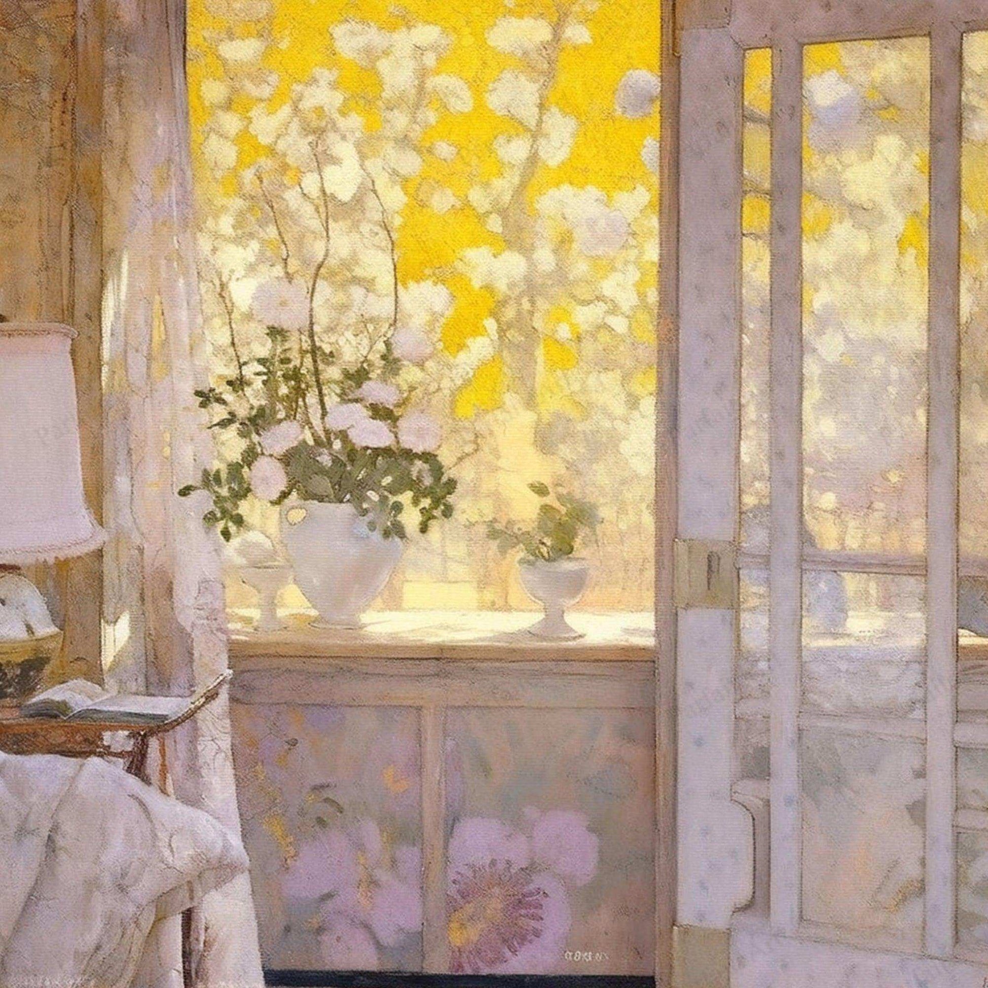 a vase of flowers sitting on a window sill 