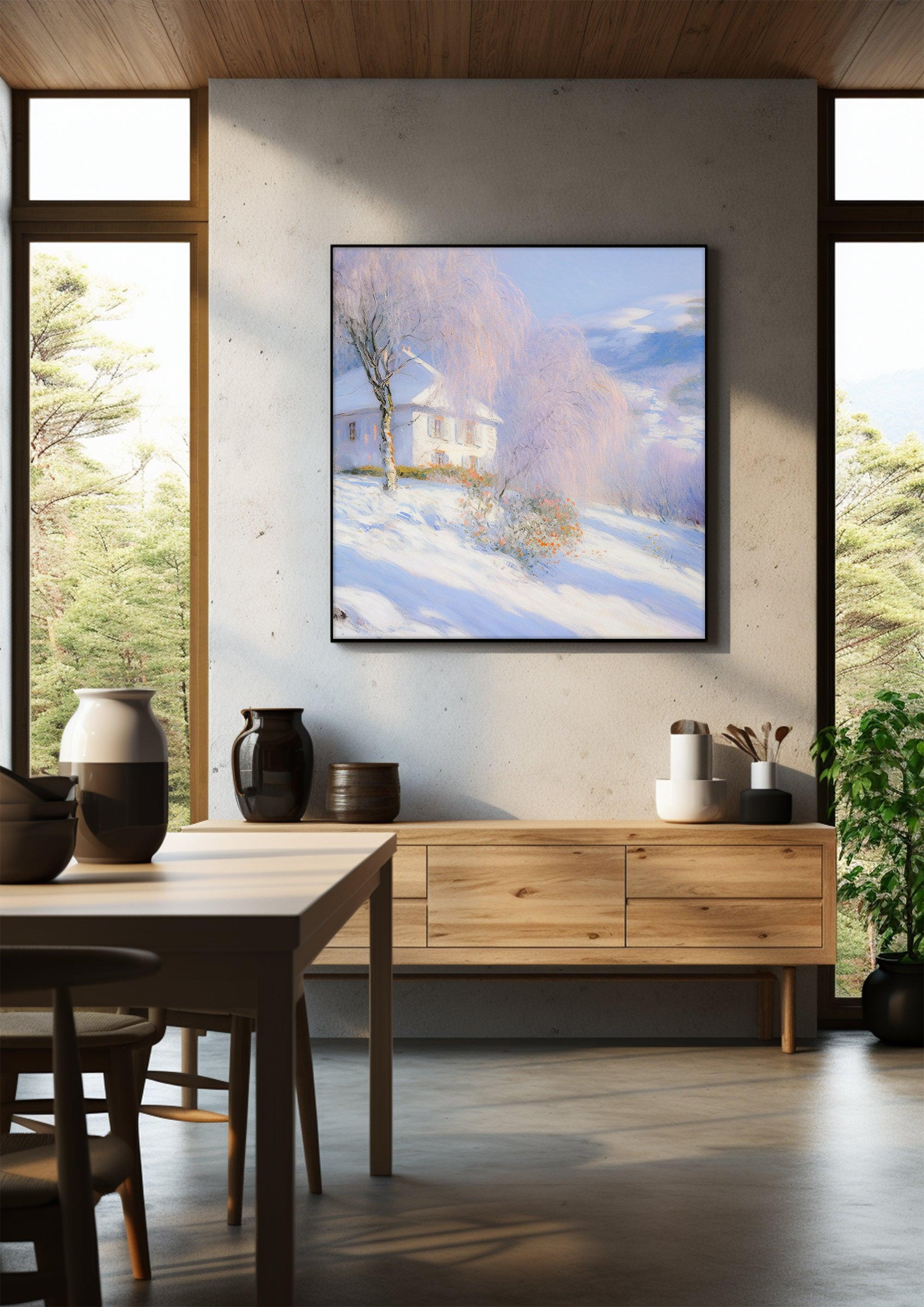 Impressionist Landscape，Hand Painted Colorful Decorative Canvas Artwork，Moody Wall Decor，Cotton Gloss Canvas Living Room Decor，Snow Scene，High-Quality Waterproof Decorative Canvas Art