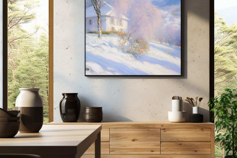 Impressionist Landscape，Hand Painted Colorful Decorative Canvas Artwork，Moody Wall Decor，Cotton Gloss Canvas Living Room Decor，Snow Scene，High-Quality Waterproof Decorative Canvas Art