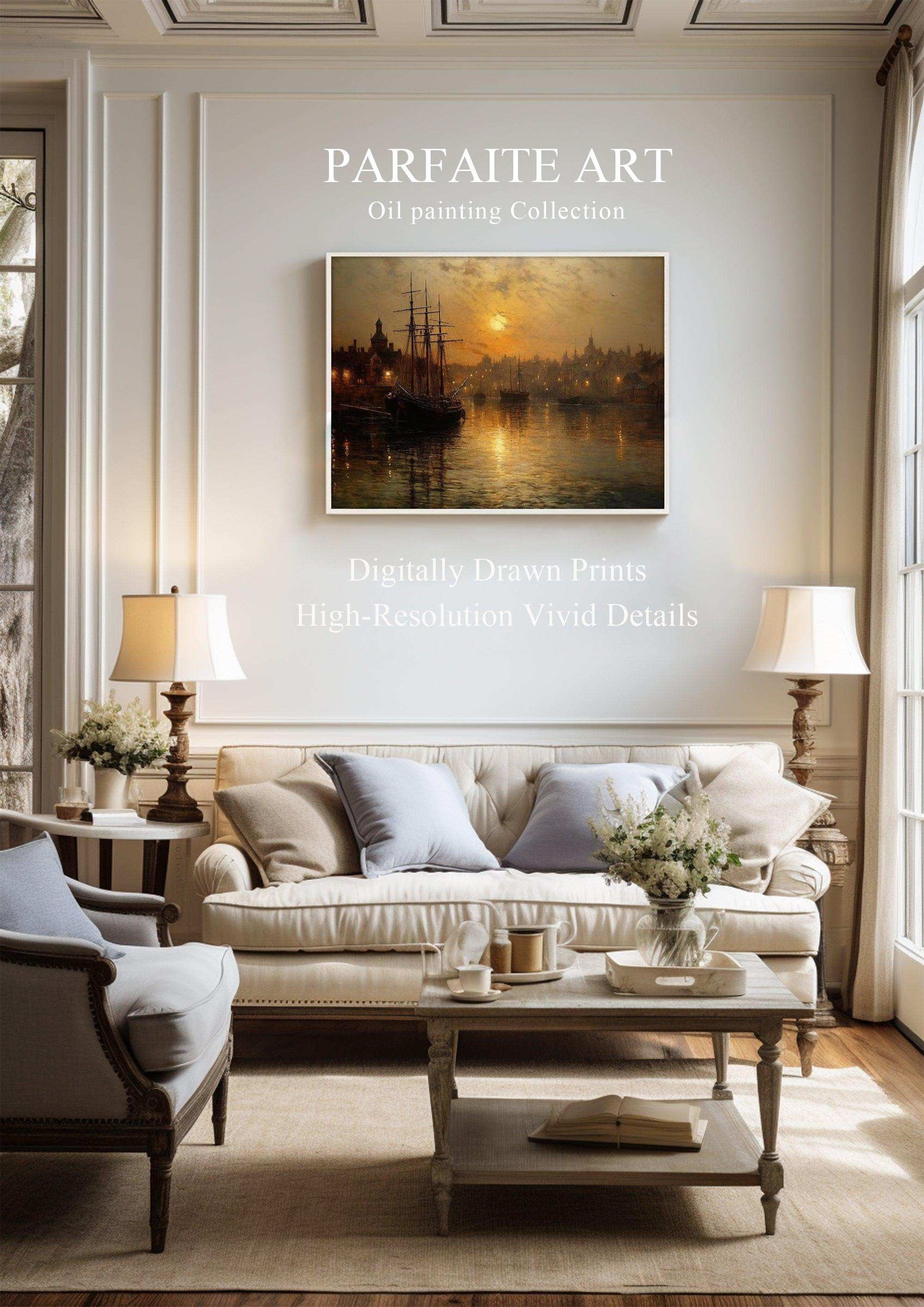 Harbor Sunset Landscape| Vintage Wall Art Decor|Decorative painting| Wall Art Canvas Print |Living Room, Dining Room|PRINTABLE Art |Digital Download