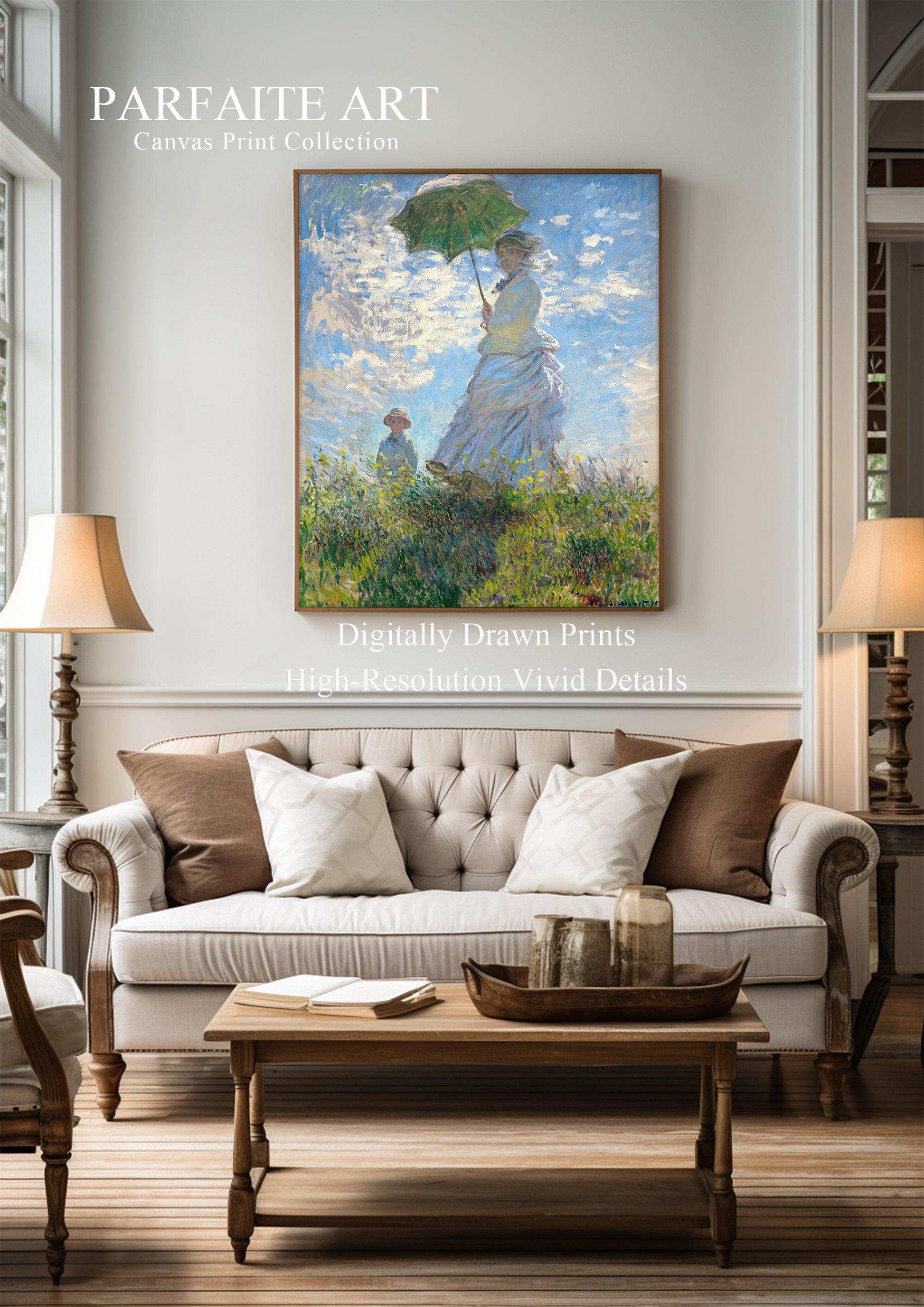 Woman with Umbrella， Famous Painting Print，Claude Monet，Moody Wall Decor，High-Quality Waterproof Decorative Canvas Art，Hotel Aisle Living Room Home DecorArt