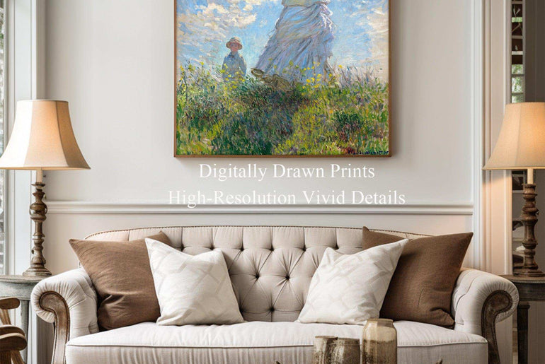 Woman with Umbrella， Famous Painting Print，Claude Monet，Moody Wall Decor，High-Quality Waterproof Decorative Canvas Art，Hotel Aisle Living Room Home DecorArt