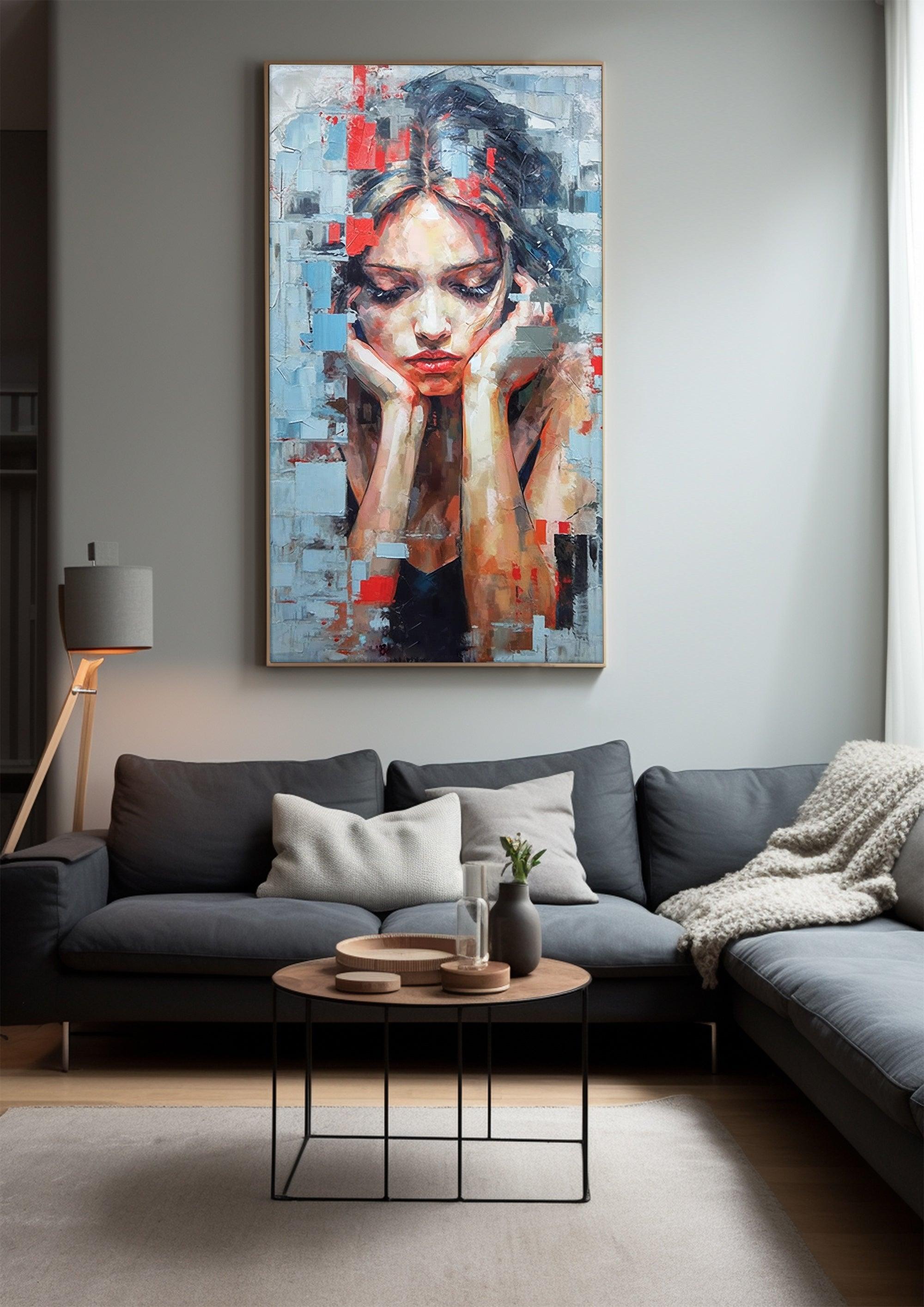 Woman Portrait，Hand Painted Colorful Decorative Canvas Artwork，Moody Wall Decor，Cotton Gloss Canvas Living Room Decor，High-Quality Waterproof Decorative Canvas Art