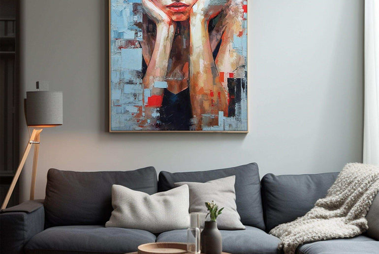 Woman Portrait，Hand Painted Colorful Decorative Canvas Artwork，Moody Wall Decor，Cotton Gloss Canvas Living Room Decor，High-Quality Waterproof Decorative Canvas Art