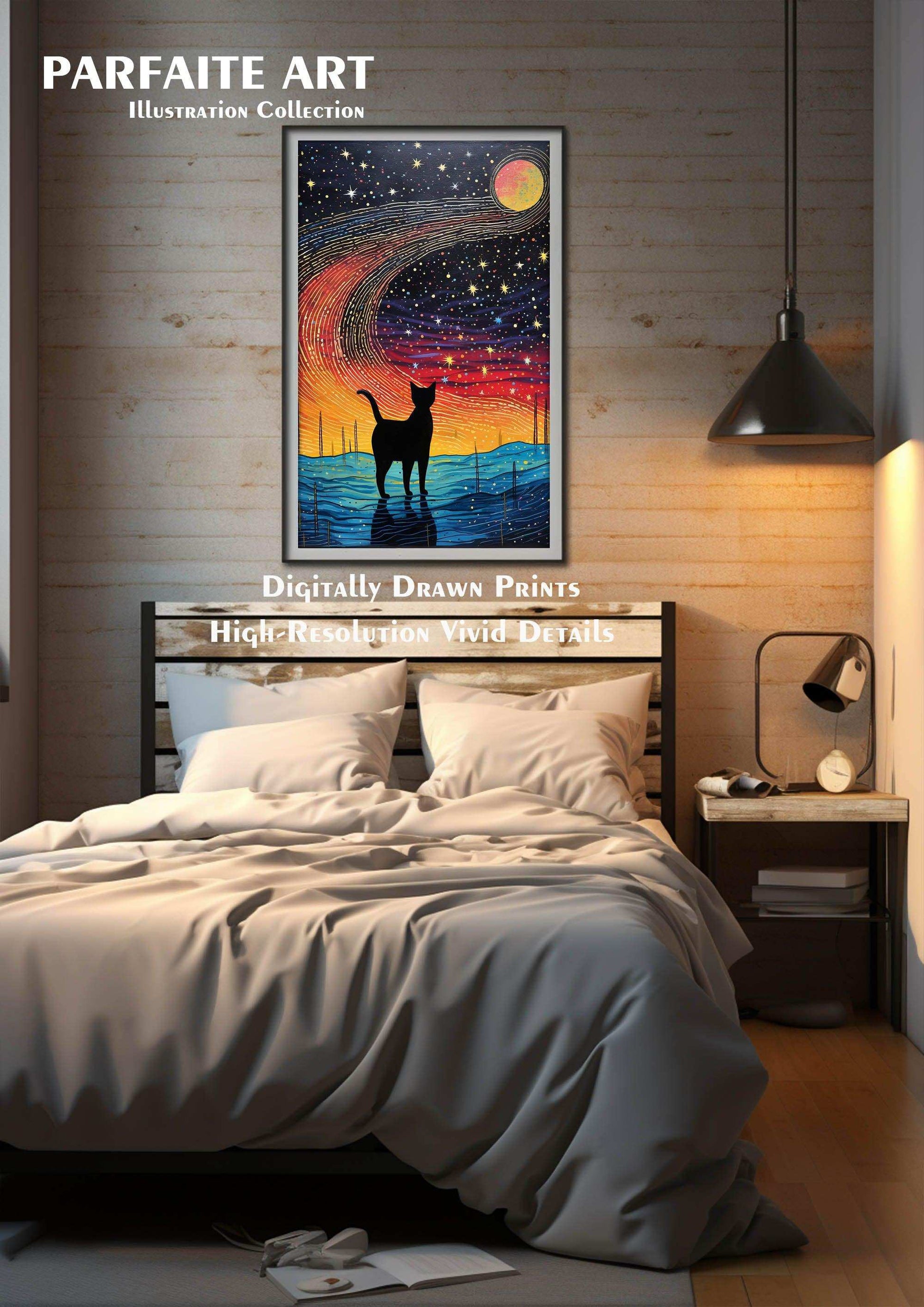 Cat Illustration | Starry Sky Wall Art Decor |Wall Art Print |Van Gogh style|Bedroom Livingroom,Kidsroom|PRINTABLE Art |Digital Download