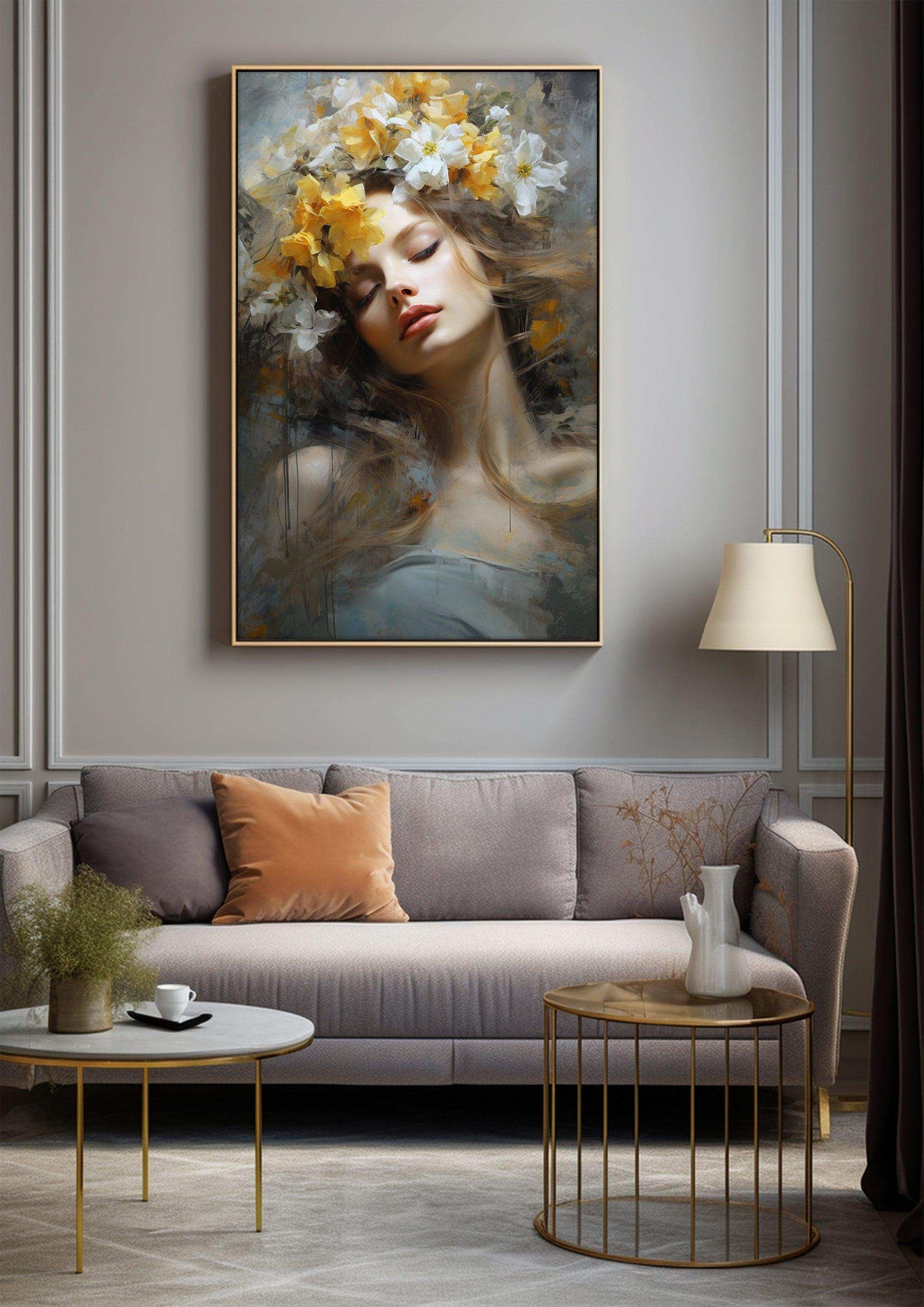 Beauty Woman Portrait，Hand Painted Colorful Decorative Canvas Artwork，Moody Wall Decor，Cotton Gloss Canvas Living Room Decor，High-Quality Waterproof Decorative Canvas Art