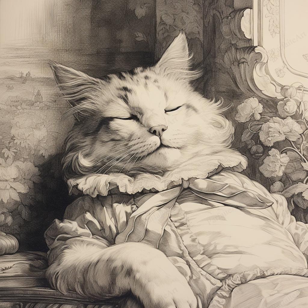 Tranquil Slumber - Vintage Cat Sketch - Serene Feline Wall Art Print - Art Deco-Inspired Digital Download