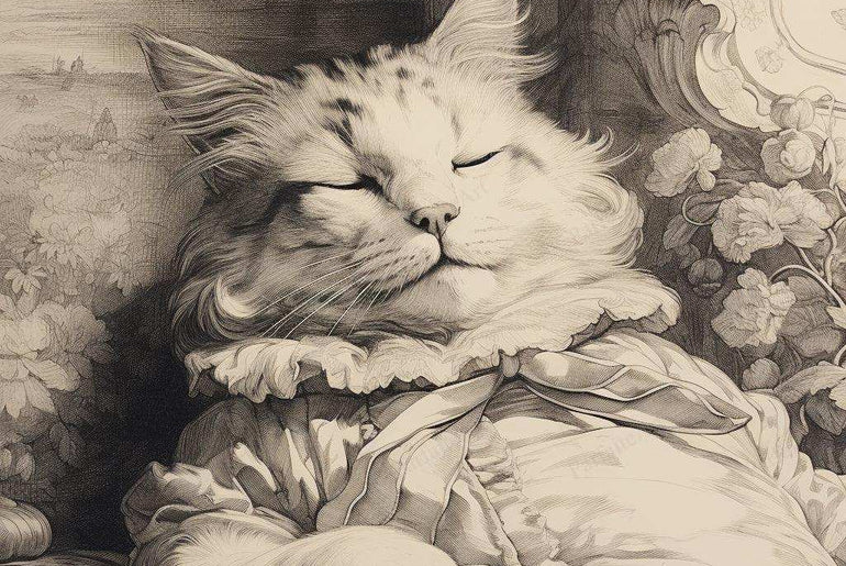 Tranquil Slumber - Vintage Cat Sketch - Serene Feline Wall Art Print - Art Deco-Inspired Digital Download