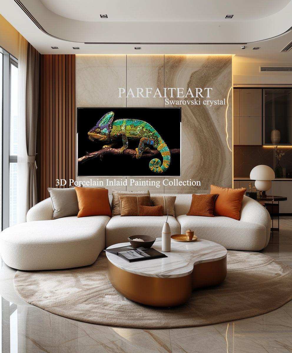 3D Diamond painting，Handmade painting，Wall Art, Art nouveau fashion，Art deco for walls ，Swarovski Crystal， Crystal glass，3d painting Chameleon，Modern art deco living room