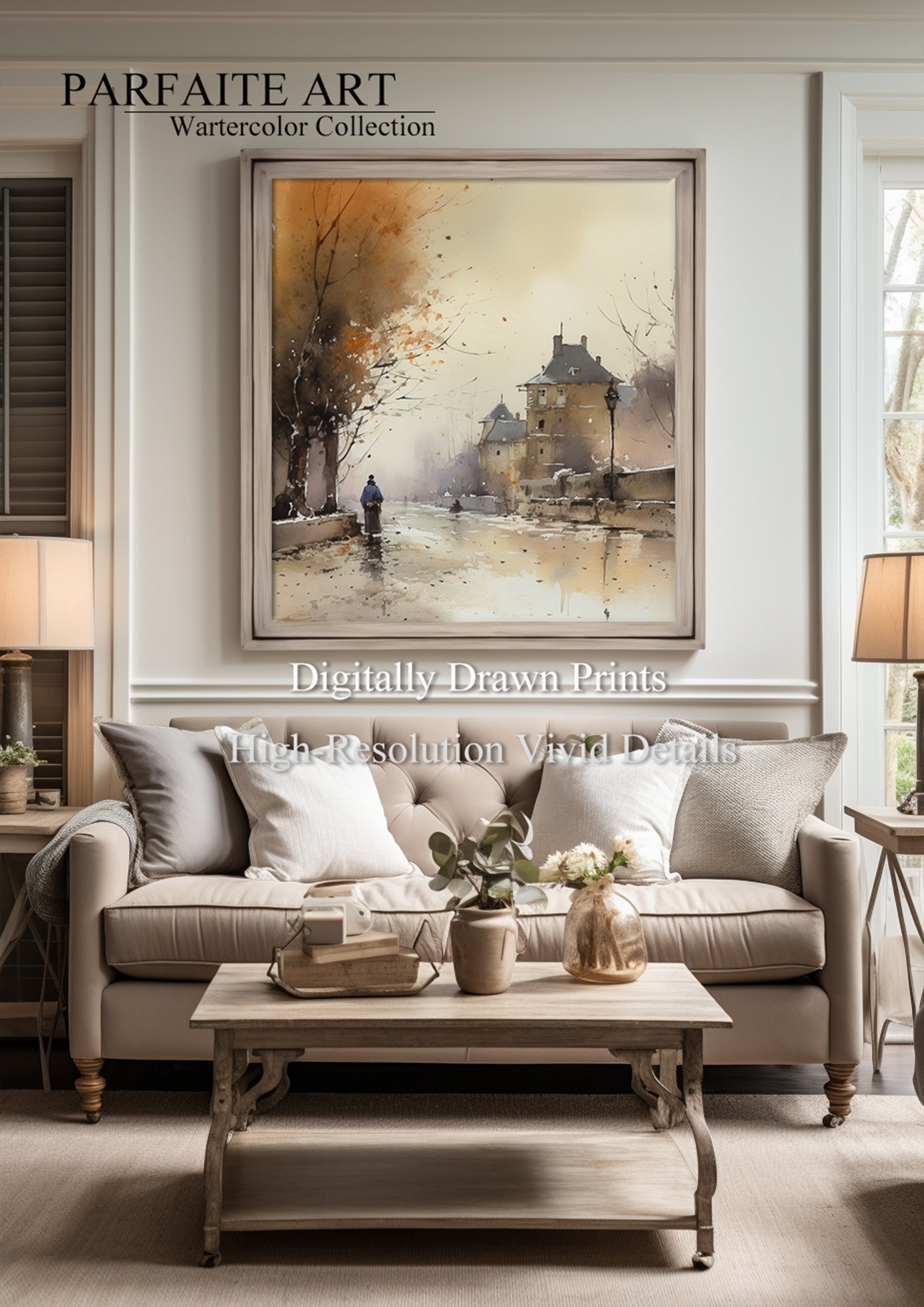 Vintage Panorama - Moody Landscape | Watercolor Wall Art Print | Digital Home Decor for Living Room Elegance