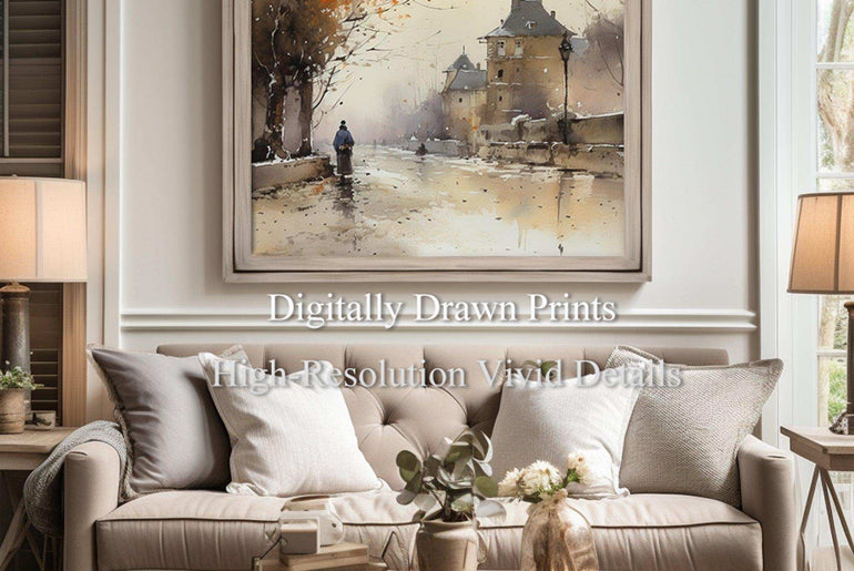 Vintage Panorama - Moody Landscape | Watercolor Wall Art Print | Digital Home Decor for Living Room Elegance