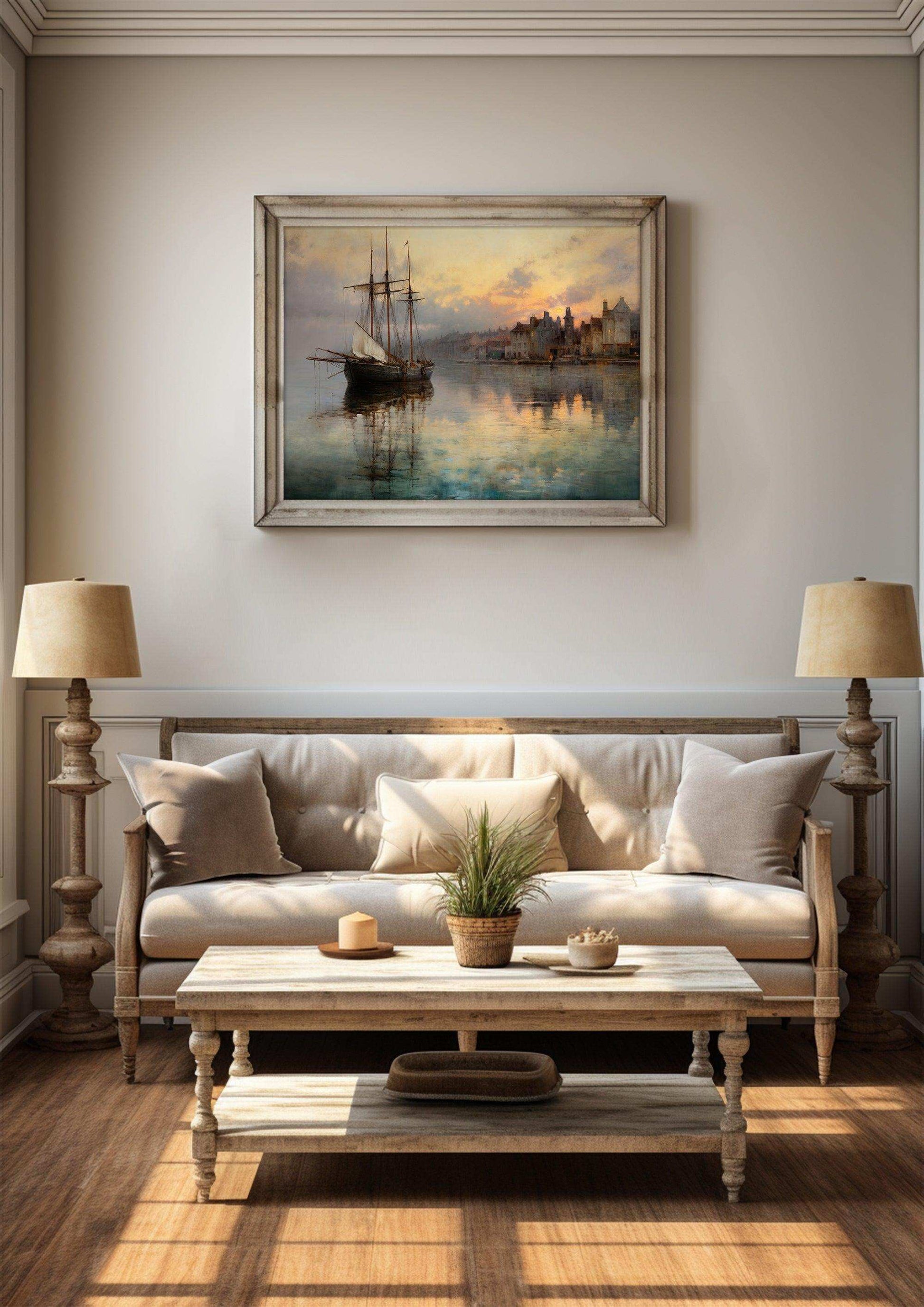 Harbor Sunset Landscape| Vintage Wall Art Decor|Decorative painting| Wall Art Canvas Print |Living Room, Dining Room|PRINTABLE Art |Digital Download