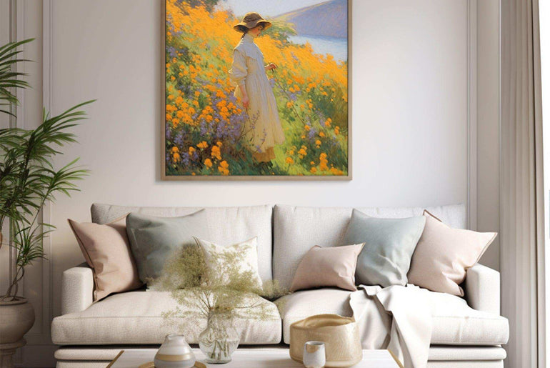 Vision of Serenity: Impressionist Girl Amidst Landscape - Vivid Canvas Art for Tranquil Living Spaces