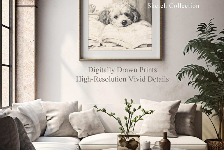 Charming Canine Elegance - Delightful Dog Portrait - Vintage Sketch Art Deco Wall Print - Immediate Digital Download