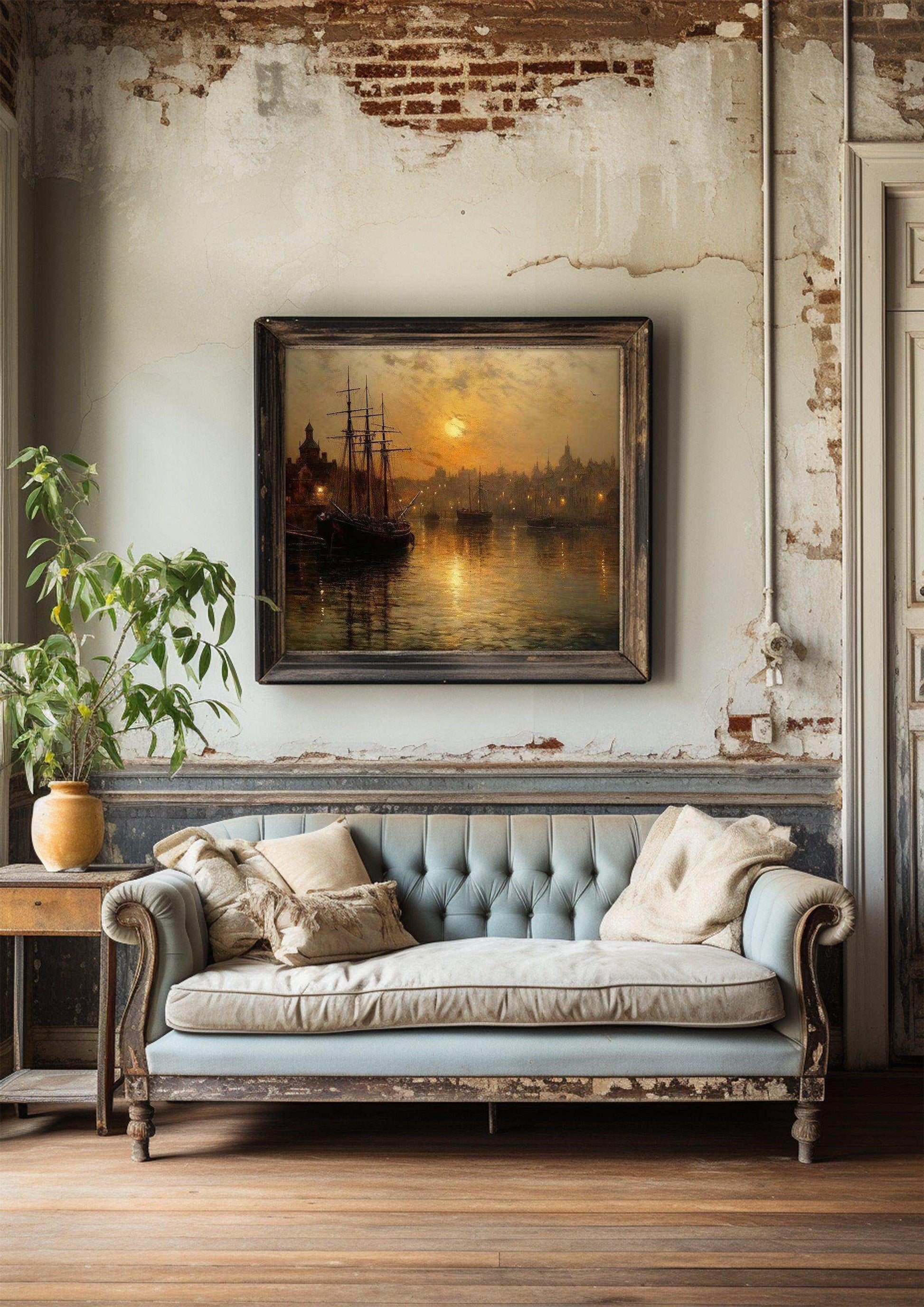 Harbor Sunset Landscape| Vintage Wall Art Decor|Decorative painting| Wall Art Canvas Print |Living Room, Dining Room|PRINTABLE Art |Digital Download