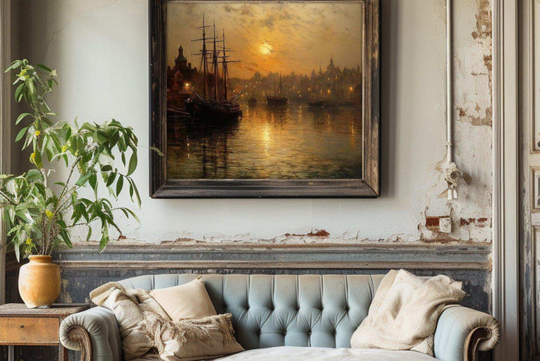 Harbor Sunset Landscape| Vintage Wall Art Decor|Decorative painting| Wall Art Canvas Print |Living Room, Dining Room|PRINTABLE Art |Digital Download