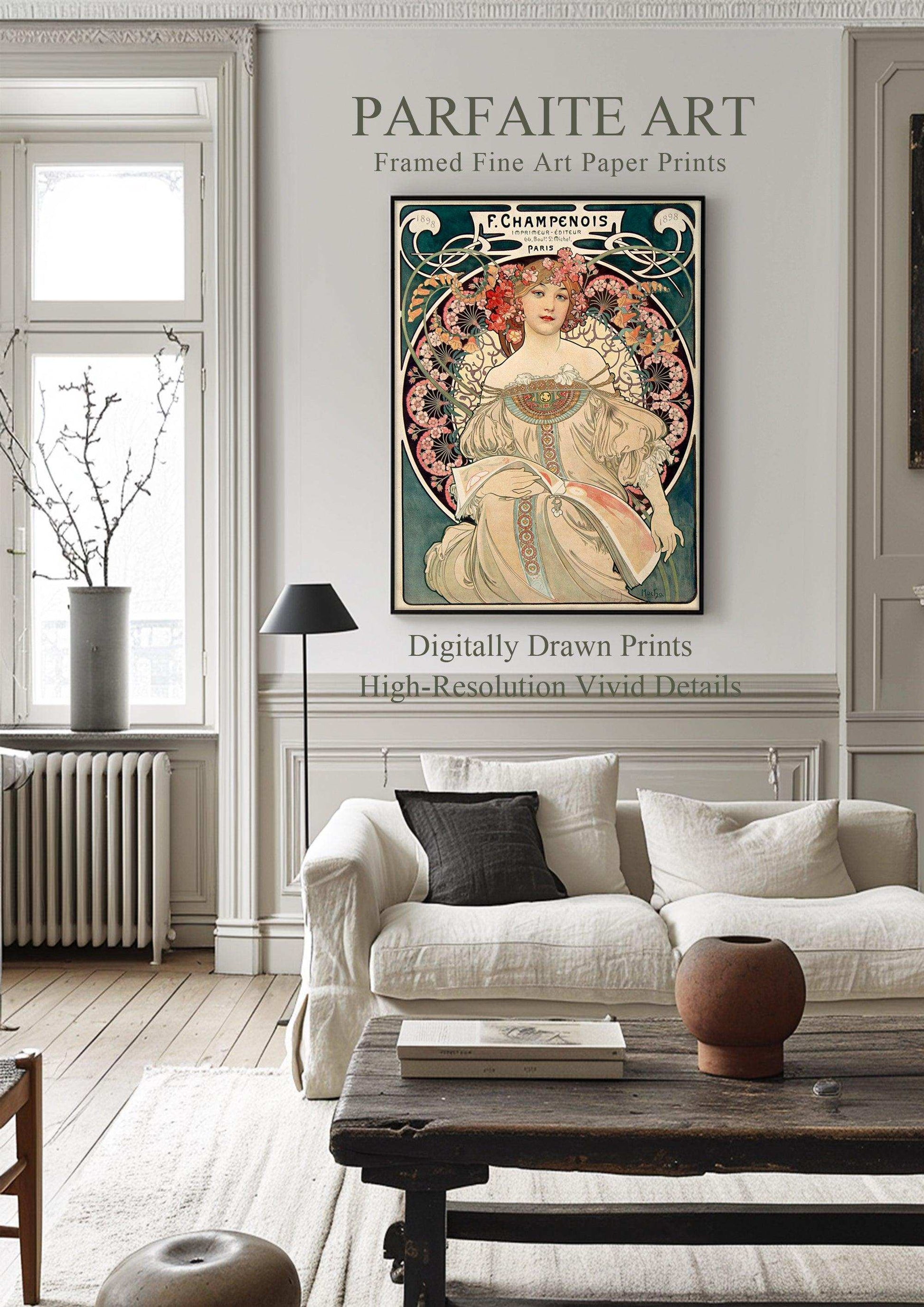 Framed fine art prints,Vintage Wall Art Print,Moody Wall Decor,Large art prints for walls,Mucha artwork,High-Quality Professional Giclee technique