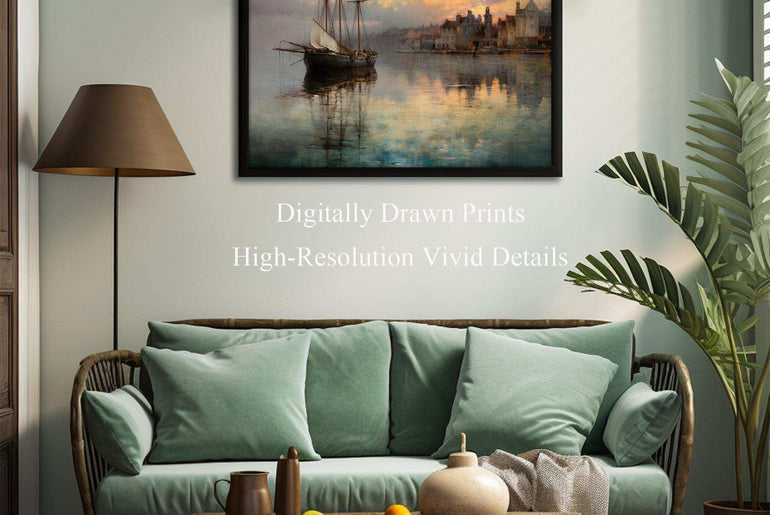 Harbor Sunset Landscape| Vintage Wall Art Decor|Decorative painting| Wall Art Canvas Print |Living Room, Dining Room|PRINTABLE Art |Digital Download