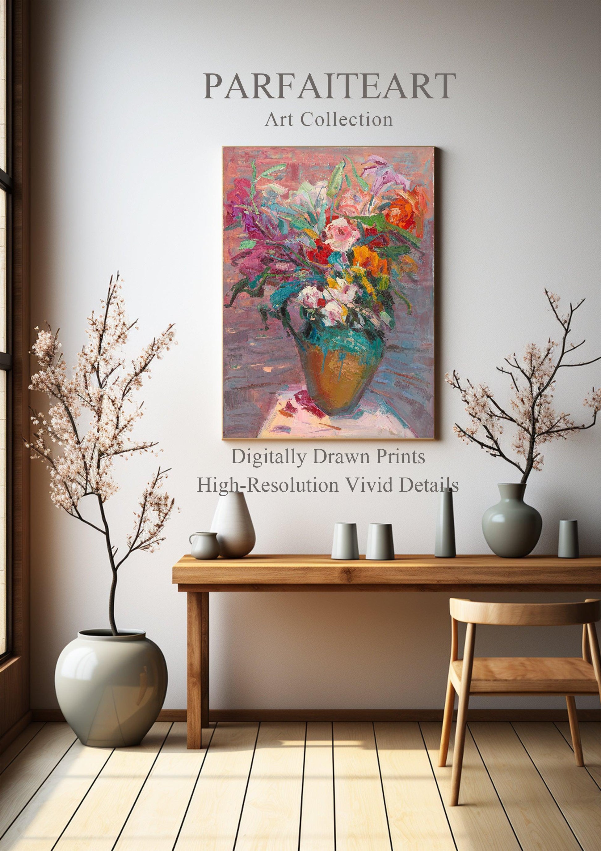 Decorative Wall Art Prints,Impressionist Art Style Floral Plants,Framed Canvas Print #116