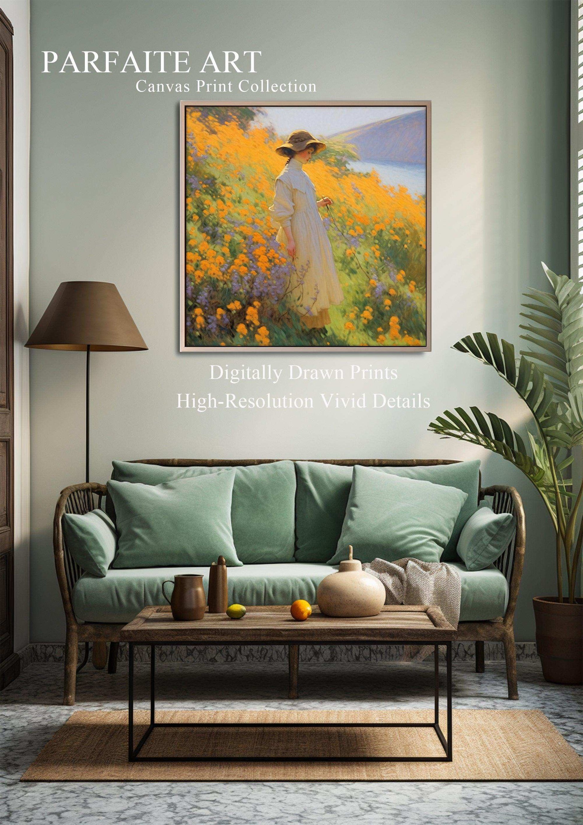 Vision of Serenity: Impressionist Girl Amidst Landscape - Vivid Canvas Art for Tranquil Living Spaces