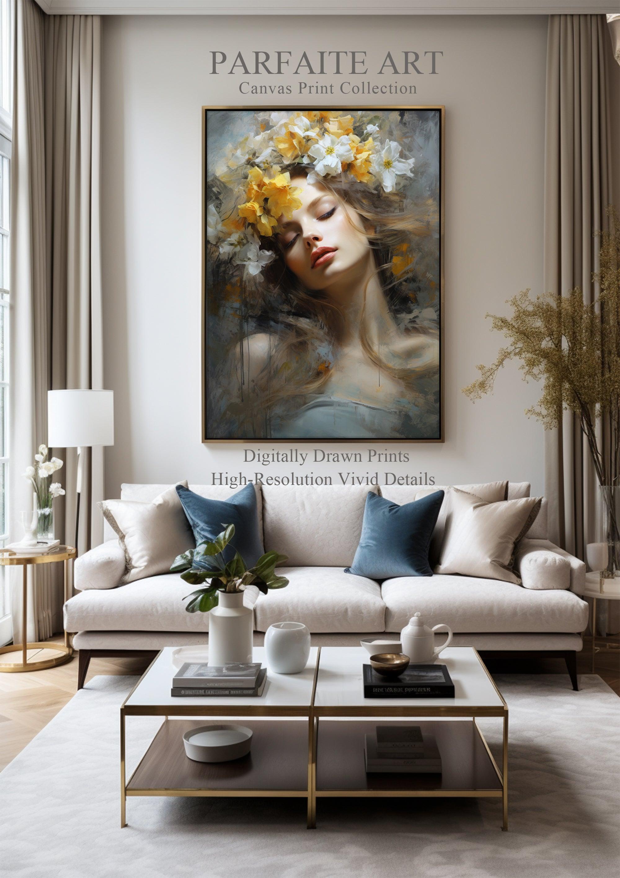 Beauty Woman Portrait，Hand Painted Colorful Decorative Canvas Artwork，Moody Wall Decor，Cotton Gloss Canvas Living Room Decor，High-Quality Waterproof Decorative Canvas Art