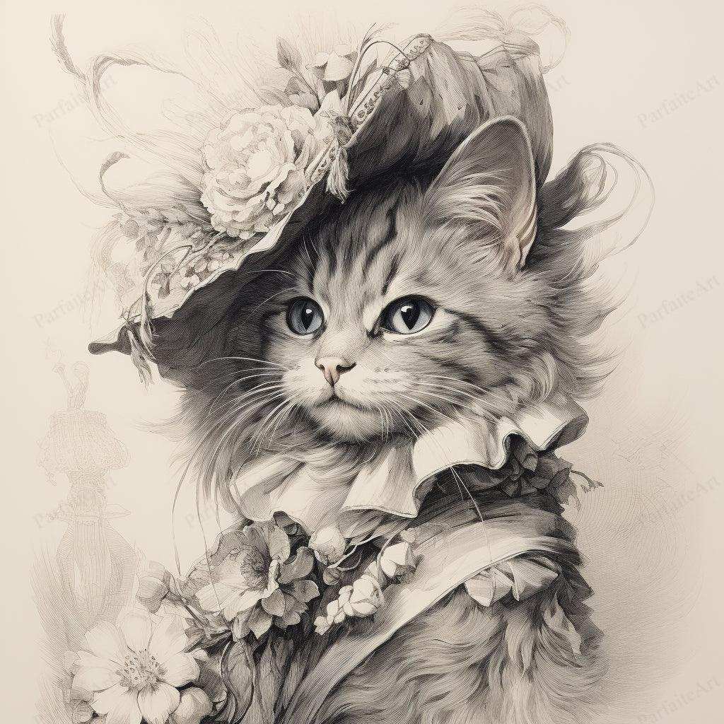 Regal Feline Grace - Classical Cat Portrait - Vintage Sketch Art Deco Wall Print - Digital Download