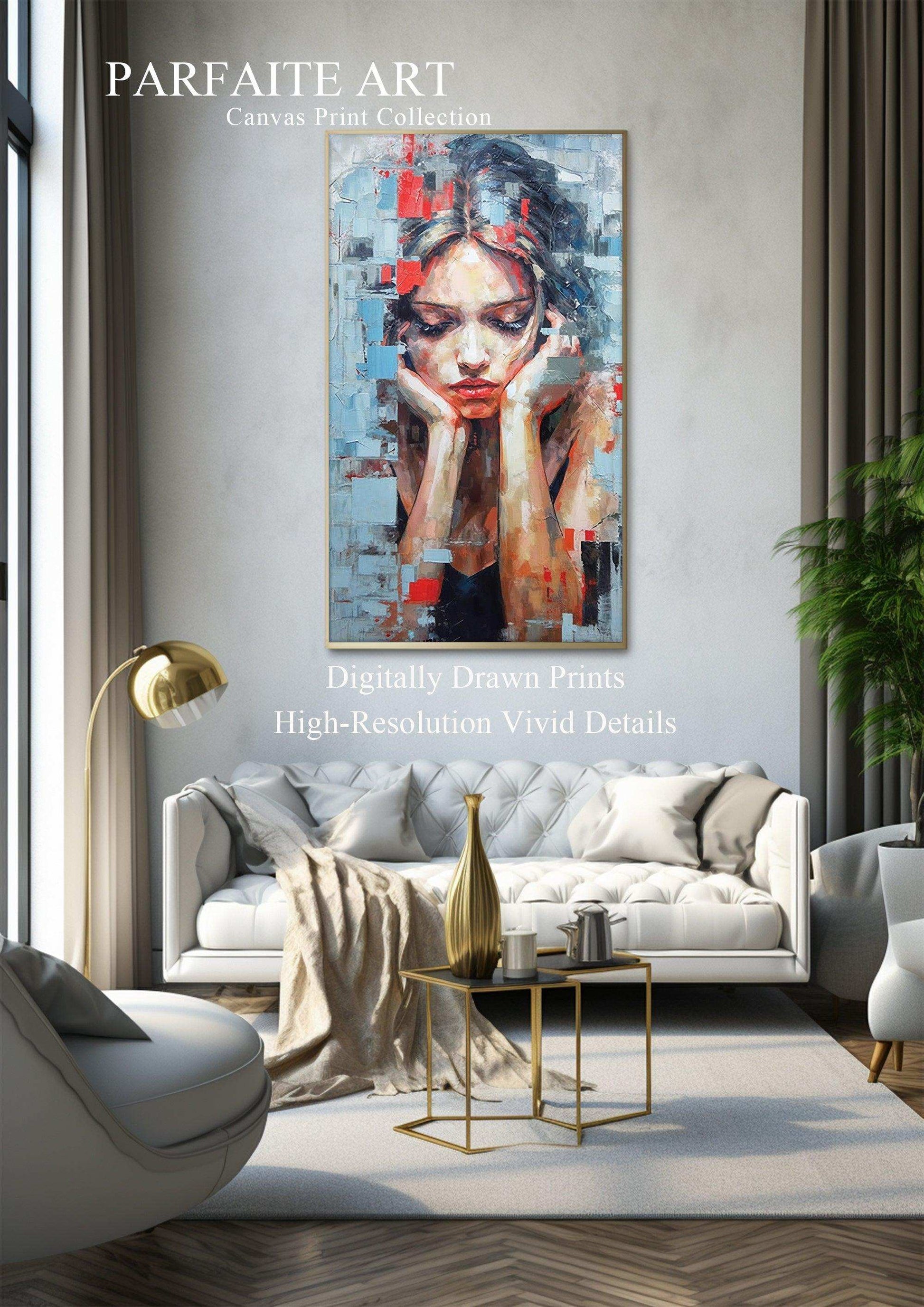 Woman Portrait，Hand Painted Colorful Decorative Canvas Artwork，Moody Wall Decor，Cotton Gloss Canvas Living Room Decor，High-Quality Waterproof Decorative Canvas Art